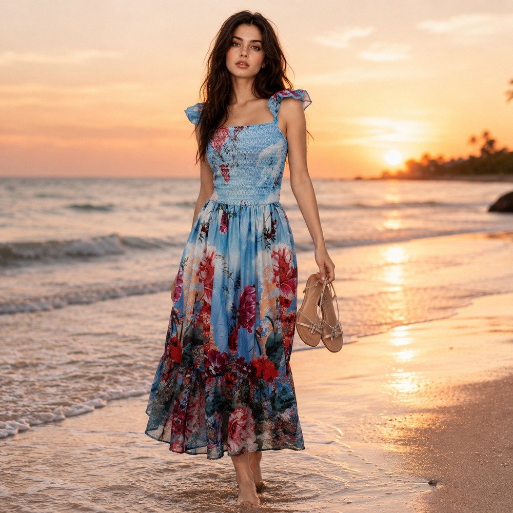 Wishing Waves Floral Smocked Midi Dress Size M